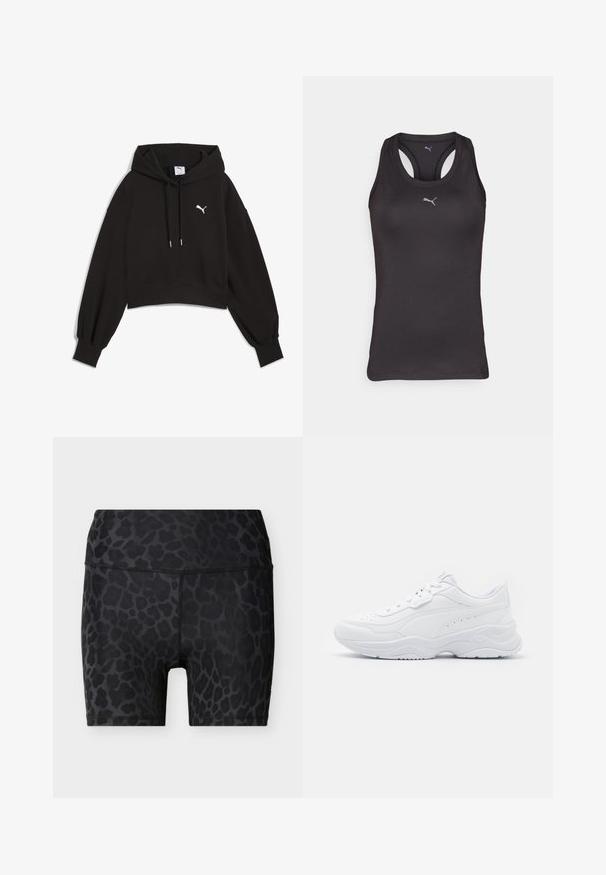 Zwarte cropped hoodie van sweatstof. Heeft een capuchon met trekkoord, brede mouwen en een witte Puma-logo op de borst.; Zwarte sportieve tanktop met een racerback ontwerp, gemaakt van gladde stof, met een klein grijs logo op het midden van de voorkant.; Zwart bikerbroekje met hoge taille en donkergrijs luipaardprintpatroon en zichtbare stiksels op een effen lichte achtergrond.; Witte sportieve sneakers met een glad leren bovenwerk, ronde neus, dikke zool en geperforeerde details langs de zijkanten.