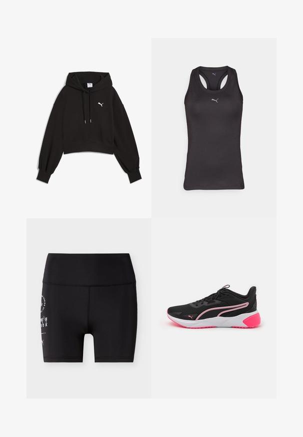 Sort cropped hoodie lavet af sweatshirtstof. Har en justerbar hætte, brede ærmer og et hvidt Puma-logo på brystet.; Sort atletisk tanktop med racerback-design, lavet af glat stof, med et lille gråt logo i midten på fronten.; Sorte atletik cykelshorts med høj talje og hvidt trykt tekst og logo på venstre lår.; Sorte sportsko med mesh-overdel, pink detaljer, hvid mellemsål og karakteristisk logo. Har et let design og struktureret sål.