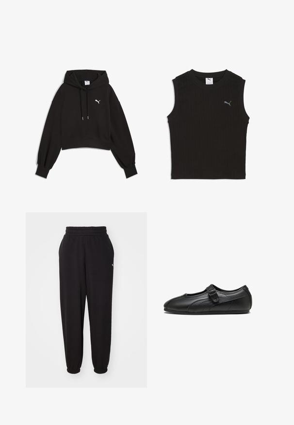 Sort cropped hoodie lavet af sweatshirtstof. Har en justerbar hætte, brede ærmer og et hvidt Puma-logo på brystet.; Sort ærmeløs ribbet croptop med rund hals og lille gråt Puma-logo på venstre bryst.; Sorte sweatpants lavet af blødt stof, med en ribbet talje og mansjetter ved anklerne. Indeholder en lille logoaccent på siden.; Sort læder Mary Jane-sko med spænde, lav flad sål og diskrete syninger på siderne og tæsområdet.