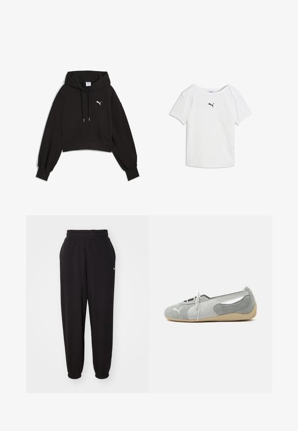 Sort cropped hoodie lavet af sweatshirtstof. Har en justerbar hætte, brede ærmer og et hvidt Puma-logo på brystet.; Hvid ribstrikket T-shirt med korte ærmer, rund halsudskæring og et lille sort Puma-logo i midten af brystet.; Sorte sweatpants lavet af blødt stof, med en ribbet talje og mansjetter ved anklerne. Indeholder en lille logoaccent på siden.; Lysegrå Puma ruskind flad sko med hvidt logo, snørelukning foran, udskårne sider og beige tekstureret sål, vist fra ydersiden.