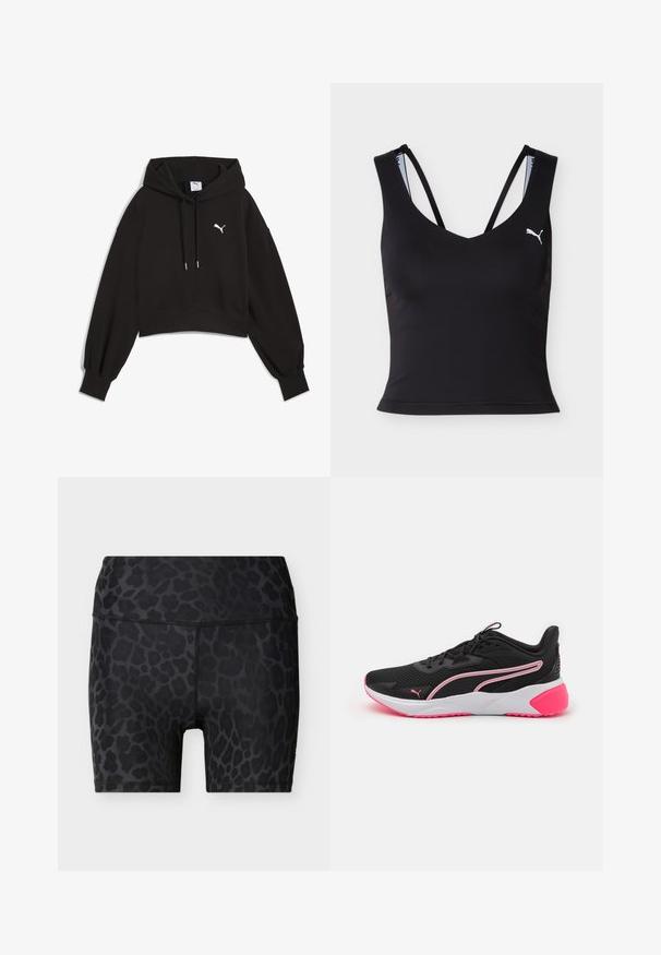 Sort cropped hoodie lavet af sweatshirtstof. Har en justerbar hætte, brede ærmer og et hvidt Puma-logo på brystet.; Sort croppet atletisk tanktop med tynde dobbelte stropper og hvid Puma-logo på venstre bryst.; Højtaljede sorte biker-shorts med mørkegråt leopardmønster og synlige syninger på en ensfarvet lys baggrund.; Sorte sportsko med mesh-overdel, pink detaljer, hvid mellemsål og karakteristisk logo. Har et let design og struktureret sål.