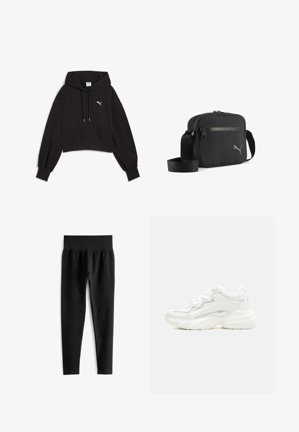 Sort cropped hoodie lavet af sweatshirtstof. Har en justerbar hætte, brede ærmer og et hvidt Puma-logo på brystet.; Sorte ribbede leggings med en bred, elastisk talje. Stoffet ser strækbart og struktureret ud og slutter lige over anklen.; Hvid chunky sneaker med tyk sål, snørelukning foran og glat syntetisk overdel med subtile syningsdetaljer.; Sort skuldertaske i stof med rektangulær form, udstyret med lynlås, tekstureret overflade og en grå broderet logo på den ene side.