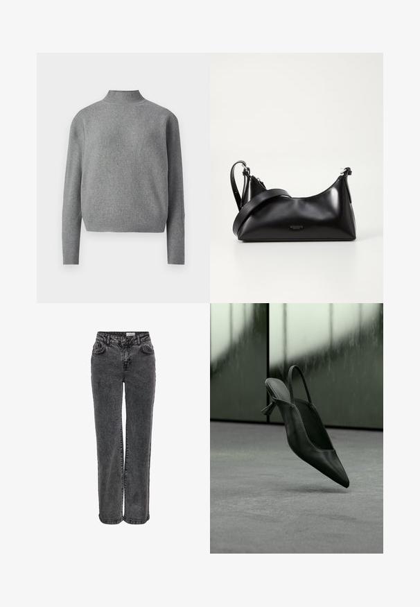 Pull en maille côtelée gris clair avec un col montant et des manches longues, présenté sur fond blanc.; Jeans en denim noir au design droit, avec poches avant, passants de ceinture et une texture légèrement délavée.; Escarpin à talon haut en cuir noir avec bride arrière et bout pointu, flottant au-dessus d'un sol recouvert de moquette grise, mur verdâtre flou en arrière-plan.; Sac à main en cuir noir avec une texture lisse. Dispose d'une bandoulière adjustable et d'un design élégant et minimaliste avec une fermeture éclair.