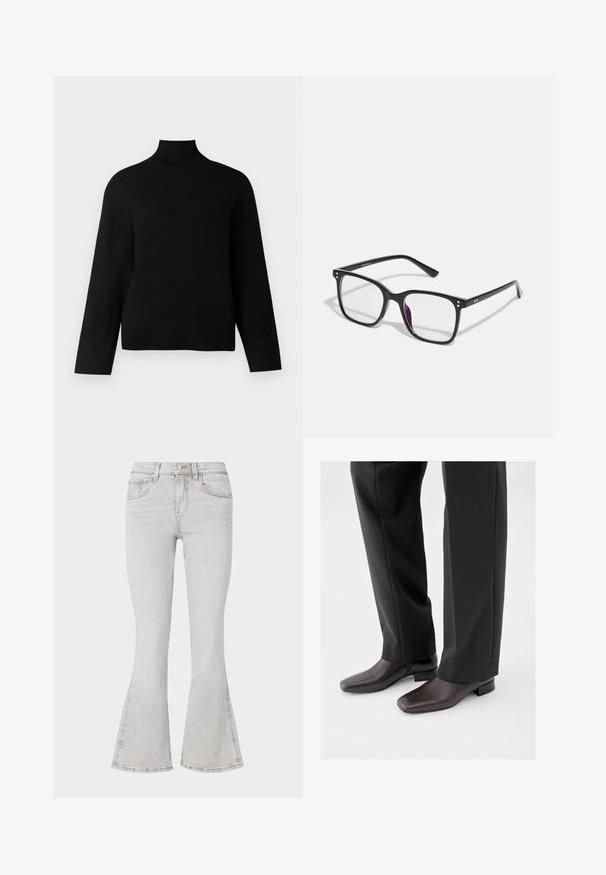 Sort turtleneck trøje lavet af blødt strikstof, der har lange ærmer og en afslappet pasform. Glat tekstur uden synlige mønstre eller accenter.; Lys grå flared jeans med et klassisk fem-lomme design, slim fit gennem låret og flagrende nederste del ved anklen.; Mørkebrune lædersko med firkantet tå og kort blokhæl, båret med sorte skræddersyede bukser, der viser et slankt og poleret udseende.; Sorte rektangulære briller med klare linser, der har gyldne detaljer på stellet og en let lilla nuance på den ene linse.