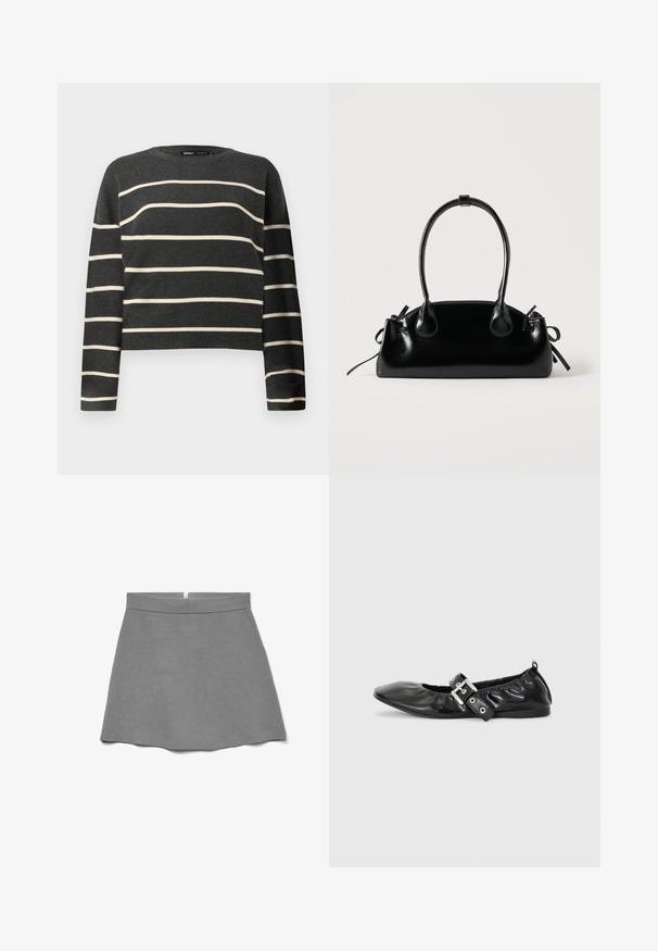 Pull en tricot à manches longues gris foncé avec des rayures horizontales crème et un col rond.; Jupe grise en tissu doux, dotée d'une taille haute, d'une forme évasée et d'une fermeture éclair dissimulée à l'arrière.; Chaussure plate en cuir noir avec un nez pointu, des détails froncés autour de l'ouverture et un accent en boucle argentée sur la bride ajustable.; Petit sac à main noir brillant avec deux longues anses et des détails à cordon sur les côtés sur un fond clair uni.