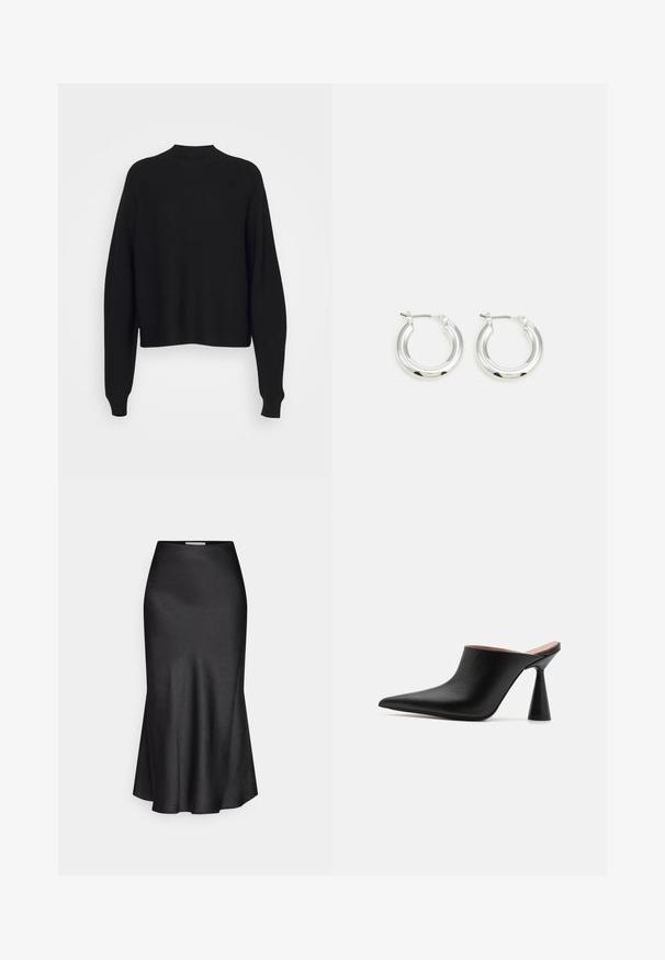 Sort striktrøje med høj hals, drop shoulders og lange, løse ærmer. Blød tekstur og cropped længde ved taljen.; DRYKORN NEVIDA - Maxinederdele - black; Sorte lædermules med spids tå og en unik kegleformet hæl. Glat tekstur og minimalistisk design, åben bagside for nem påtagning.; Sølv hoop-øreringe med en poleret finish, der har en cirkulær form og en hængslet lukning. Glat tekstur med minimal detaljering.
