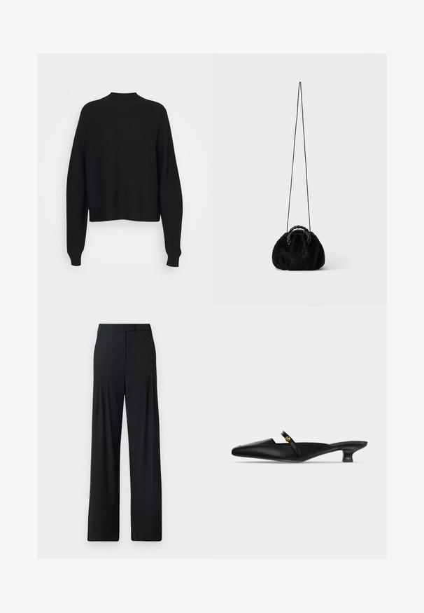 Pull en tricot noir avec un col haut, des épaules tombantes et de longues manches amples. Texture douce et longueur raccourcie au niveau de la taille.; Pantalons larges noirs avec un devant plat, des plis et une taille ajustée. Fabriqués en tissu lisse et léger.; Mule noire à bout pointu avec petit talon kitten et fine bride sur le cou-de-pied ornée d’un petit bouton doré.; Petit sac à main noir en fausse fourrure avec poignées tressées sur le dessus et longue bandoulière fine sur fond uni.