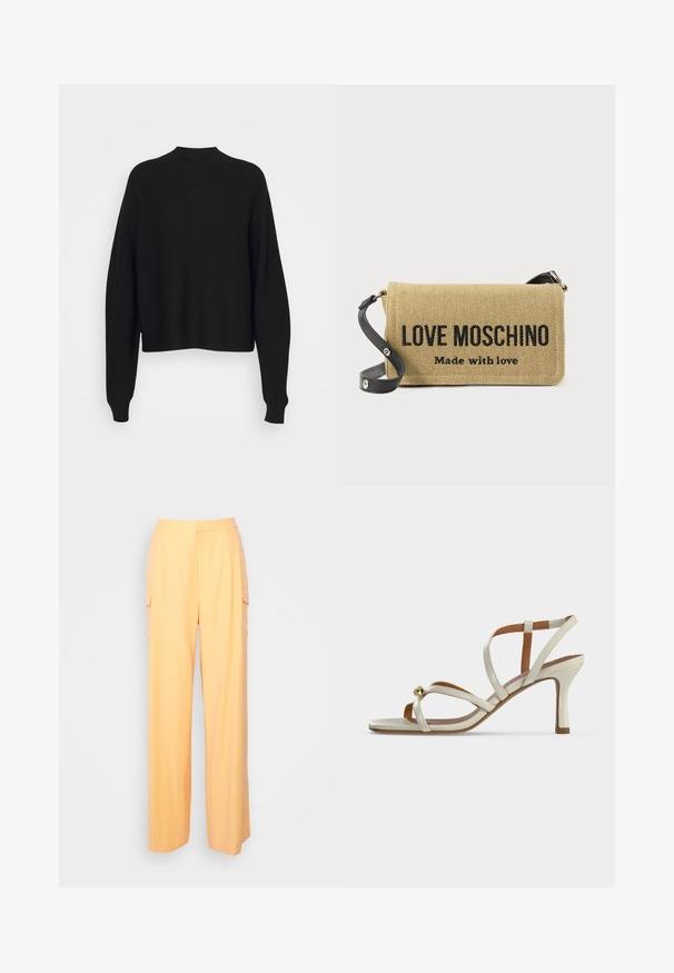 Zwart gebreid sweater met een hoge halslijn, drop schouders en lange, losse mouwen. Zachte textuur en cropped lengte tot aan de taille.; Hoge taille, wijde broek in pasteloranje met zijflapzakken en riemlussen op een effen lichte achtergrond.; Beige hoge hak sandal met dunne bandjes die over de voet kruisen en een kleine gouden decoratieve bol vlak bij de teengebied.; Beige geweven schoudertas met zwarte verstelbare riem, met opvallende zwarte tekst "LOVE MOSCHINO Made with love" op de voorflap.