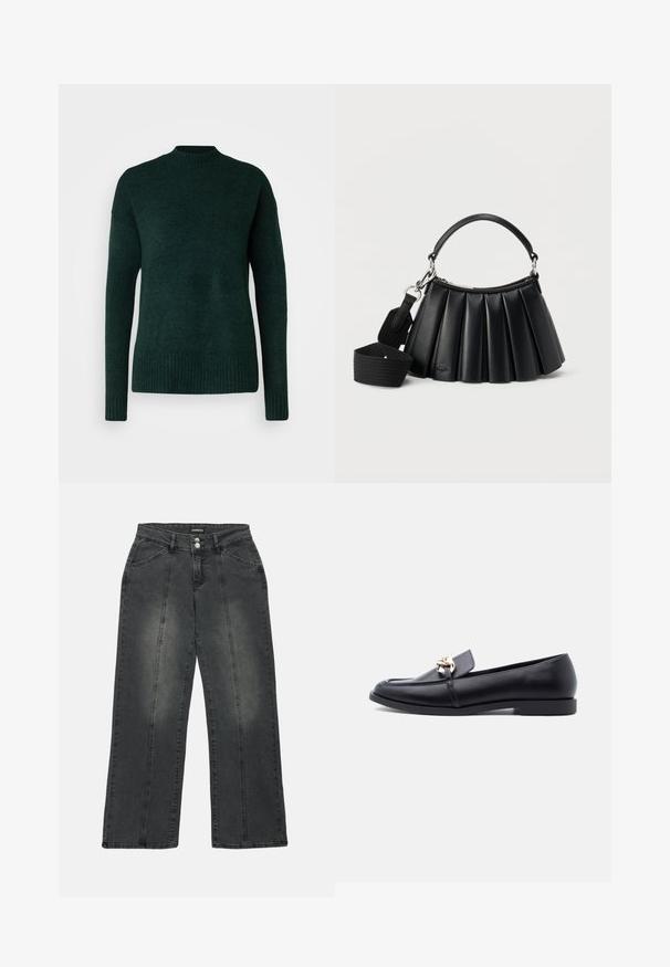 Vero Moda Tall VMLEFILE BOXY - Svetrík - scarab melange; Široké džínsy v tmavosivej denimovej farbe. Vlastnosti zahŕňajú gombíkový uzáver, dve predné vrecká a vertikálne švy pre detail. Prítomné sú aj poškodené oblasti.; Čierny kožený mokasín s nízkym podpätkom a zlatým reťazovým detailom na vrchu, zobrazený z boku na jednoduchom svetlom pozadí.; Čierna plisovaná kožená kabelka s krátkou rúčkou a odnímateľným širokým látkovým ramenným popruhom na bielom pozadí.