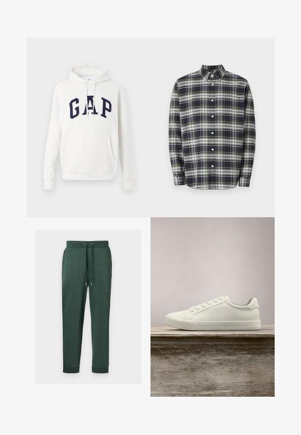 Witte hoodie met een voorzak en marineblauwe "GAP" letters over de borst, met verstelbare trekkoorden aan de capuchon.; Langarm geruite shirt in marineblauw, groen en wit. Beschikt over een button-down kraag, knopen aan de voorkant en een relaxte pasvorm. Katoenen stof.; Donkergroene sweatpants met een tailleband met trekkoord, zijzakken en geribbelde boorden, gemaakt van een zachte, gestructureerde stof.; Witte vetersneaker die boven een houten bank zweeft met groene bladeren op de achtergrond, waarbij het ontwerp en de textuur van de schoen worden getoond.