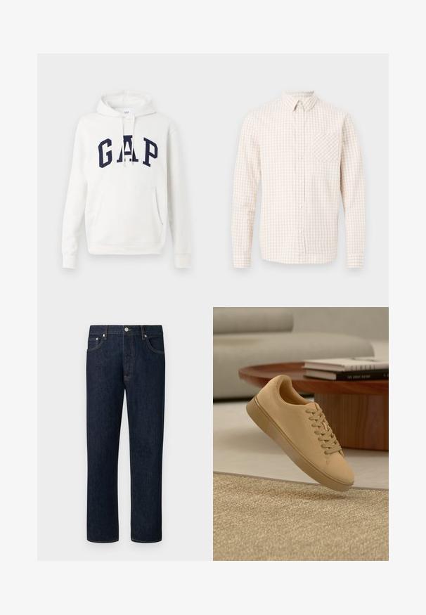 Witte hoodie met een voorzak en marineblauwe "GAP" letters over de borst, met verstelbare trekkoorden aan de capuchon.; Heren blouse met lange mouwen en knopen, met een beige-wit geruit patroon, voorzien van een puntkraag en een borstzak.; Donkere blauwe jeans met rechte pijpen, oranje stiksel, knoop aan de voorkant en ontwerp met vijf zakken op een effen lichte achtergrond.; Beige vetersneaker die boven een gestructureerd tapijt zweeft, met een houten salontafel en gestapelde boeken op een wazige achtergrond.