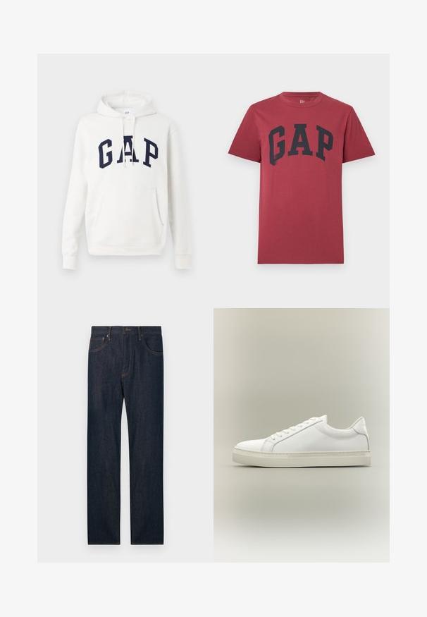 Witte hoodie met een voorzak en marineblauwe "GAP" letters over de borst, met verstelbare trekkoorden aan de capuchon.; Rood T-shirt met korte mouwen en een ronde hals, met grote zwarte tekst "GAP" gecentreerd op de borst.; Donkerblauwe rechtgesneden spijkerbroek met voor- en achterzakken, een knoop en riemlussen.; Witte lage sneaker met veters aan de voorkant en dikke zool, zijaanzicht tegen een neutrale achtergrond.
