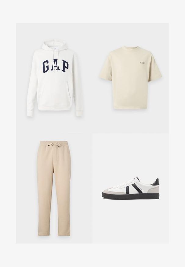 Hvid hoodie med frontlomme og marineblå "GAP" bogstaver på tværs af brystet, med justerbare snore i hætten.; Beige bomulds t-shirt med korte ærmer, en rund halsudskæring og et lille "SELECTED" logo på venstre bryst. Glat tekstur.; Beige joggingbukser med elastisk taljebånd, justerbar snøring, to sidelommer og taperet ben design. Blød tekstur, afslappet stil.; Hvide sneakers med sorte og grå detaljer, med en tekstureret grå tåhætte, sort gummisål og flade hvide snørebånd. Rent design, minimalistisk stil.