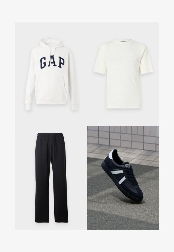 Hvid hoodie med frontlomme og marineblå "GAP" bogstaver på tværs af brystet, med justerbare snore i hætten.; Hvid kortærmet T-shirt lavet af tekstureret stof med et subtilt vandret mønster. Rund hals design, afslappet pasform.; Abercrombie & Fitch ESSENTIAL BAGGY OPEN HEM CASUAL - Træningsbukser - black; Sort lædersneaker med hvide striber, tekstureret gummisål og snørrebånd foran. Har et brandet mærke på tungen.