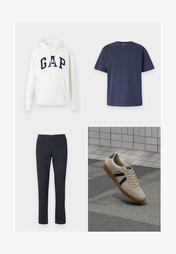 Hvid hoodie med frontlomme og marineblå "GAP" bogstaver på tværs af brystet, med justerbare snore i hætten.; Mørkeblå bomulds T-shirt med rund halsudskæring og korte ærmer. Glat tekstur, lige snit og minimale sømme, hvilket giver et klassisk design.; Sorte bomuldsbukser med lige ben, knaplukning og sidelommer; glat tekstur uden synlige mønstre.; Beige sneaker med struktureret overflade, marineblå striber og gummisål. Har en polstret tunge og traditionelt snørresystem for en sikker pasform.