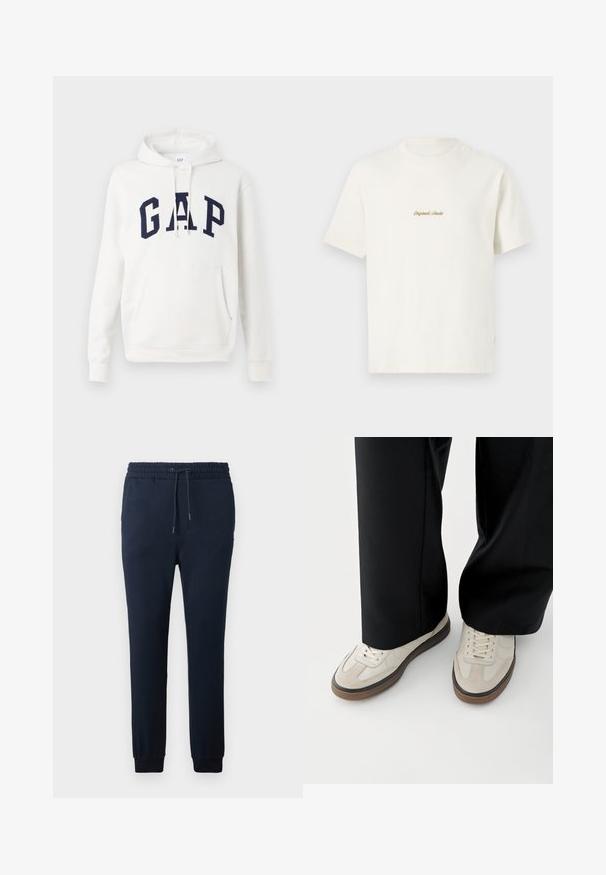 Witte hoodie met een voorzak en marineblauwe "GAP" letters over de borst, met verstelbare trekkoorden aan de capuchon.; Crème katoenen t-shirt met korte mouwen, ronde hals en geborduurd "Original Studio" logo in goud op de borst. Zachte textuur.; Marineblauwe sweatpants van zachte stof, met een elastische tailleband met trekkoord, taps toelopende benen en aansluitende boorden bij de enkels.; Voeten met beige sneakers met bruine zolen en zwarte wijde broekspijpen op een witte achtergrond.