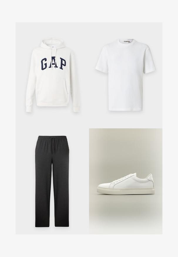 Witte hoodie met een voorzak en marineblauwe "GAP" letters over de borst, met verstelbare trekkoorden aan de capuchon.; Wit T-shirt met korte mouwen, wafelstructuur en ronde hals, met een klein merkembleem aan de binnenkant van de kraag, afgebeeld op een effen achtergrond.; Zwarte elastische broek met een trekkoord. Gemaakt van zachte stof, hebben ze een recht gesneden pijp en een minimale textuur. Geen zichtbare zakken.; Witte lage sneaker met veters aan de voorkant en dikke zool, zijaanzicht tegen een neutrale achtergrond.