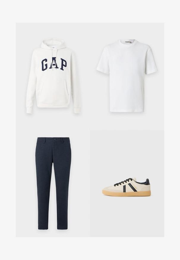 Witte hoodie met een voorzak en marineblauwe "GAP" letters over de borst, met verstelbare trekkoorden aan de capuchon.; Wit T-shirt met korte mouwen, wafelstructuur en ronde hals, met een klein merkembleem aan de binnenkant van de kraag, afgebeeld op een effen achtergrond.; Donker marineblauwe slim-fit broek met riemlussen, een knoop aan de voorkant en zijzakken, weergegeven op een witte achtergrond.; Casual sneakers in crème met zwarte strepen, voorzien van een gestructureerde bovenkant en een gumrubberen zool. Veters zijn zwart. Subtiel logo aan de zijkant.