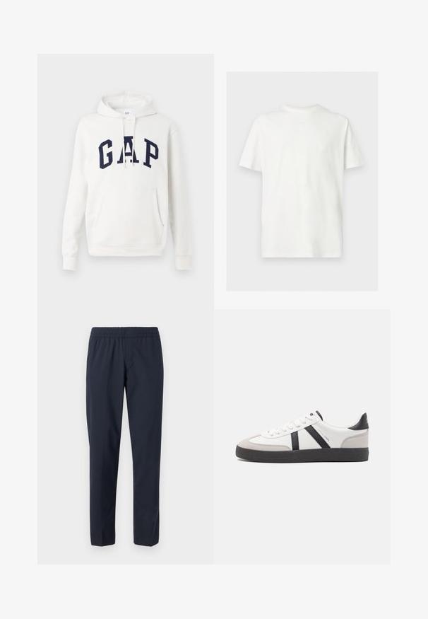 Witte hoodie met een voorzak en marineblauwe "GAP" letters over de borst, met verstelbare trekkoorden aan de capuchon.; Wit T-shirt met korte mouwen en ronde hals in een losse pasvorm op een effen lichte achtergrond.; Marineblauwe broek met een elastische tailleband, rechte pijpen, lichte stof en geen zichtbare zakken of versieringen.; Witte sneaker met zwarte en grijze accenten, voorzien van een grijze neus met textuur, zwarte rubberen zool en platte witte veters. Schoon ontwerp, minimalistische stijl.