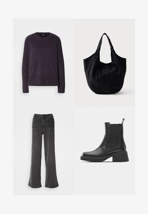 Suéter de punto en púrpura oscuro, con mangas acanaladas y un cuello redondeado, con un ajuste ligeramente relajado en el dobladillo.; Jeans negros de tiro alto y pierna ancha, hechos de denim, con cierre de botones, presillas para cinturón y dos bolsillos traseros con detalles de costura.; Botas de cuero negro hasta el tobillo con paneles laterales elásticos, punta redondeada y un tacón grueso. Textura suave con un diseño minimalista.; Bolso tote de ante negro con textura suave, apertura amplia y dos asas para el hombro. Diseño minimalista sin herrajes visibles ni patrones.