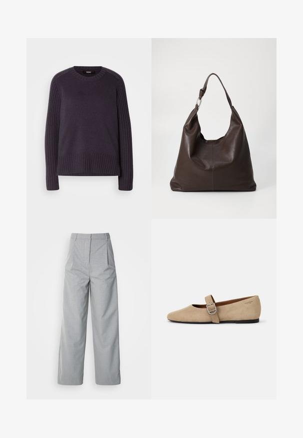 Pull en maille violet foncé, avec des manches côtelées et un col rond, présentant une coupe légèrement décontractée au niveau de l'ourlet.; Pantalons larges gris en tissu texturé, avec une taille haute, des plis à l'avant et une coupe droite jusqu'à l'ourlet.; Ballerines en daim beige de style Mary Jane avec un bout pointu et une seule sangle réglable dotée d'une boucle en métal argenté. Semelle plate noire.; Zign LEATHER - Cabas - chocolate brown