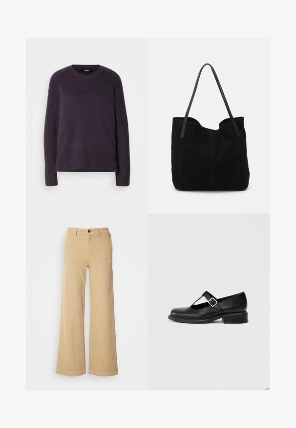 Neulepaita tumman violetissa, jossa on ribbauspaidat ja pyöreä kaula-aukko, sekä hieman rento istuvuus helmassa.; Beige levelekk pants i bomullsblanding, med frontknappåpning, beltestropper og sømmer med hekling langs sømmene.; Musta nahkainen Mary Jane -kenkä, pyöreä kärki, T-mallinen remmi, säädettävä solki ja matala pinottu korko. Sileä pinta, vähäisillä yksityiskohdilla.; Musta mokkanahkainen laukku, jossa on kaksi pitkää, litteää nahkakaulusta. Ominaisuuksiin kuuluu kaareva yläreuna ja näkyvät tikit edessä. Ei varusteita.