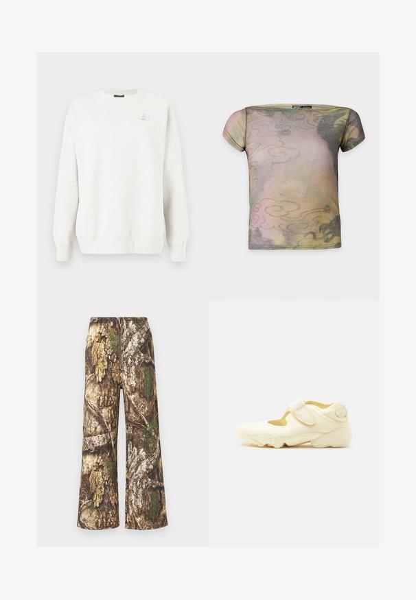 Sweatshirt gris clair avec un col rond, des poignets et un ourlet côtelés. Présente un petit logo brodé sur la poitrine. Tissu doux et texturé.; Haut à manches courtes, épaules dénudées, avec un motif abstrait de nuages pastel dans des tons de rose, gris et jaune sur un tissu transparent.; Pantalon camouflage à jambes larges. Présente un mélange de bruns terreux, de verts et de motifs texturés rappelant l'écorce d'arbre et le feuillage.; Chaussure de sport beige avec semelle épaisse, design ajouré et deux brides réglables à velcro sur fond blanc.