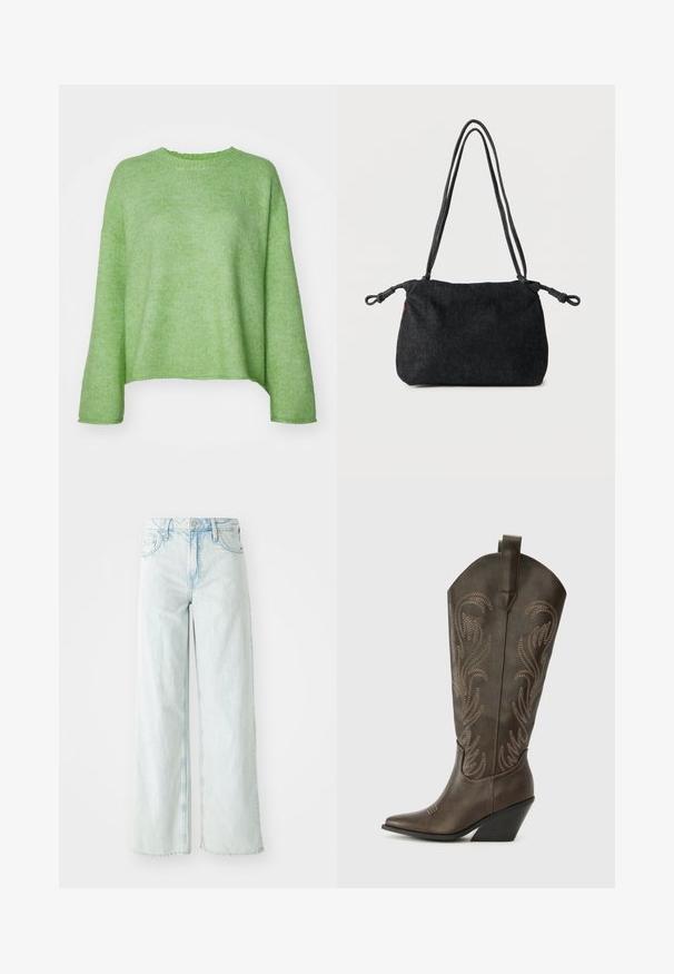 Pull vert vif en maille douce, doté d'un col rond, d'une coupe ample et de manches longues avec des poignets côtelés.; Jean en denim de couleur bleu clair, taille haute et jambes larges. Comprend cinq poches et une fermeture à bouton. Texture usée sur les cuisses.; Botte de cowboy en cuir marron avec un embout pointu, un talon compensé et des broderies décoratives. Dispose d'un long tige et d'une languette de tirage.; Sac bandoulière en denim noir avec doubles sangles en corde et extrémités nouées de chaque côté, posé sur un fond blanc uni.