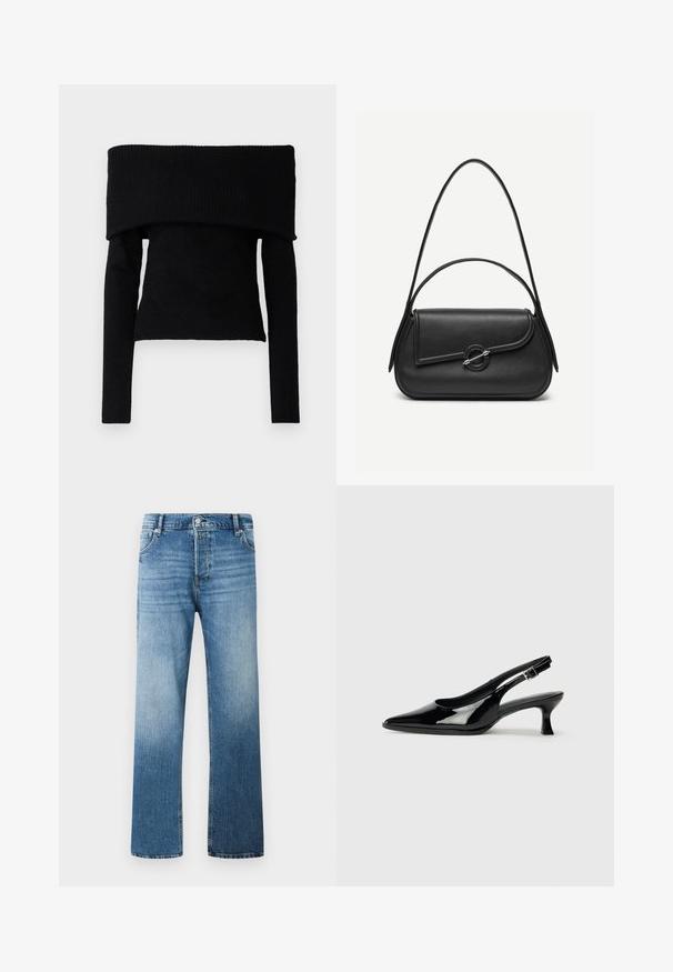Pull noir à épaules dénudées en tissu tricoté doux, avec des manches longues et une texture côtelée au niveau de l'encolure et des poignets.; Jeans en denim bleu clair avec une coupe droite, présentant un dégradé progressif, cinq poches et une fermeture à bouton à l'avant.; Escarpins en cuir verni noir avec un bout pointu et un petit talon carré. Sangle réglable à la cheville avec boucle.; Sac à main en cuir noir avec bords arrondis, rabat asymétrique, fermoir circulaire en métal, et des bandoulières courtes et longues.
