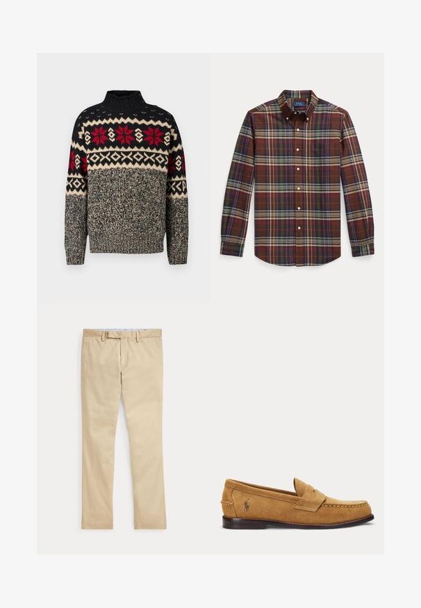 Pull en maille noir, crème et rouge avec un col montant, présentant des motifs flocons de neige et géométriques, et des boutons décoratifs sur l'épaule.; Chemise à manches longues boutonnée avec un motif à carreaux marron, vert, violet et beige et une poche poitrine.; Pantalon beige à jambes droites avec passants de ceinture et braguette zippée à l'avant, posé à plat sur un fond blanc.; Mocassin en daim fauve avec détails cousus et petit logo brodé de cheval sur le côté, avec un petit talon en bois et design sans lacets.
