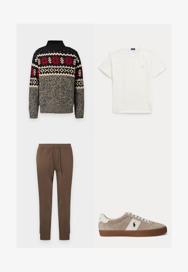 Gebreide trui in zwart, crème en rood met een hoge kraag, voorzien van sneeuwvlok- en geometrische patronen, en knoopaccenten op de schouder.; Witte T-shirt met korte mouwen en ronde hals met een klein lichtbeige Polo Ralph Lauren-logo op de linkerborst.; Bruine trainingsbroek van zacht, rekbaar materiaal met een elastische tailleband, trekkoord en geribbelde boorden. Klein logo linksboven.; Beige suède lage sneaker met witte veters, wit lederen accent met zwart paardenlogo en een bruine rubberen zool.
