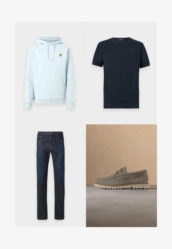 Sweat à capuche bleu clair avec poche avant, cordons réglables, poignets côtelés et petit logo oiseau jaune sur la poitrine gauche.; T-shirt bleu marine à manches courtes avec col rond, logo subtil sur la poitrine et col et ourlet côtelés, présenté sur fond blanc uni.; Jean en denim droit bleu marine avec bouton frontal, couture visible et design à cinq poches sur fond blanc.; Mocassin en suède marron clair avec des lacets beige et une semelle blanche robuste, présenté flottant au-dessus d'un tapis beige dans une pièce minimaliste.