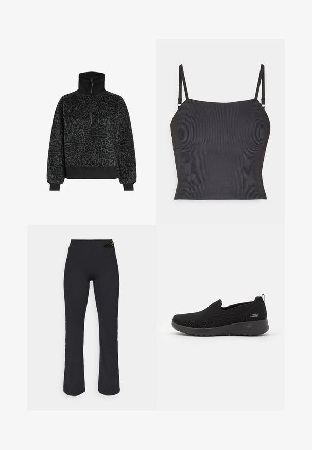 Čierny fleecový pulover s textúrou, vysokým golierom a polovičným zipsom, s rebrovanými manžetami a spodným okrajom pre pohodlné nosenie.; Čierny rebrovaný tielko s tenkými nastaviteľnými ramienkami a priliehavým strihom, ktorý má hladkú textúru a rovný výstrih.; Čierne jogové nohavice s vysokým pásom, hladkou textúrou, rozšíreným strihom nohavíc a malým leopardím vzorom na páse.; Čierne nazúvacie topánky vyrobené z priedušného sieťového materiálu, s texturovaným zvrškom, polstrovanou podrážkou a malým logom po boku.