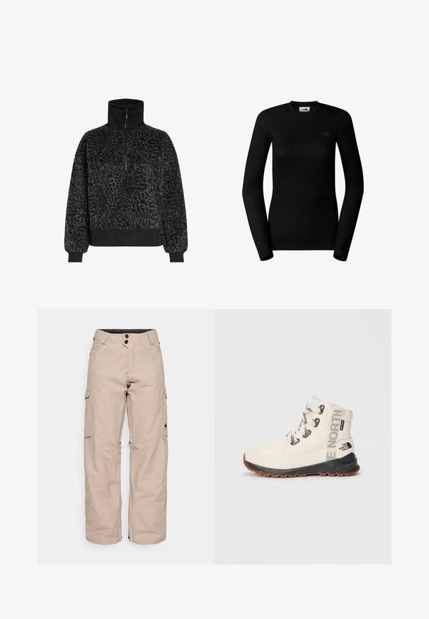 Pull en polaire noir texturé avec un col haut et une demi-fermeture éclair, doté de poignets et d'un ourlet côtelés pour un ajustement parfait.; The North Face W EASY L/S CREW NECK - T-shirt à manches longues - tnf black; Pantalons cargo beiges à coupe décontractée, fabriqués en tissu résistant à l'eau. Comprend deux poches latérales, une fermeture éclair à l'ourlet et un bouton de fermeture.; Botte isolée blanche avec semelle en caoutchouc noir, lacets blancs et marquage "The North Face". Présente un col rembourré et un tissu texturé.