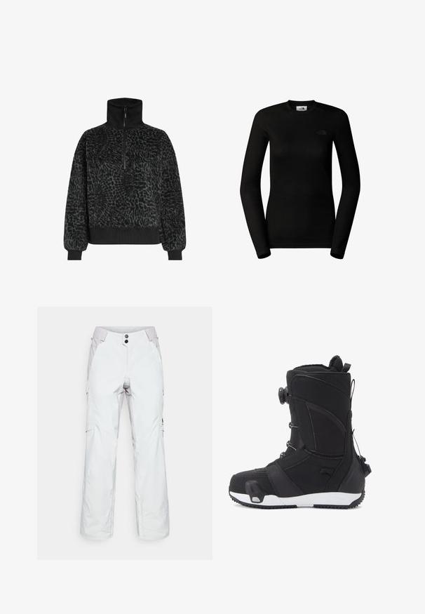 Zwarte textuur fleece pullover met een hoge kraag en een halve rits, voorzien van ribbelboorden en een zoom voor een snug fit.; The North Face W EASY L/S CREW NECK - Longsleeve - tnf black; Witte sneeuwbroeken van duurzaam materiaal, met een hoge taille, twee voorzakken en ritsdetails aan de zijkant. Accenten in lichtgrijs.; DC Shoes LOTUS STEP ON - Snowboots - black