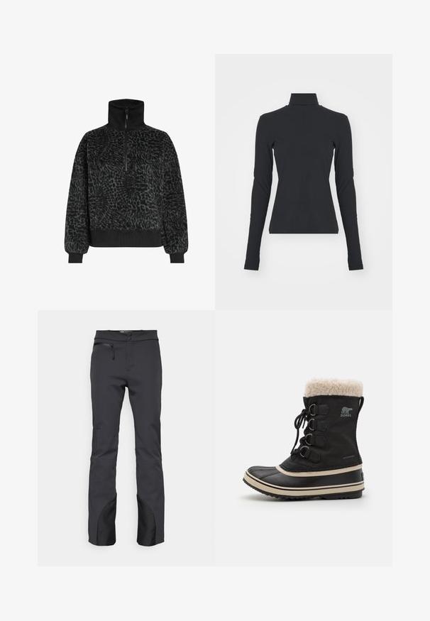 Pull en polaire noir texturé avec un col haut et une demi-fermeture éclair, doté de poignets et d'un ourlet côtelés pour un ajustement parfait.; Top côtelé noir à col roulé avec des manches longues, forme ajustée, texture lisse et élasticité subtile, conçu pour le confort et le superposition.; Pantalons de plein air noirs en tissu technique, dotés d'une poche zippée, d'une taille plate et d'accents noirs aux poignets.; Botte imperméable noire avec un col en fausse fourrure, devant à lacets, semelle en caoutchouc, et une bande beige contrastante le long de la semelle. Détails de quincaillerie décoratifs.