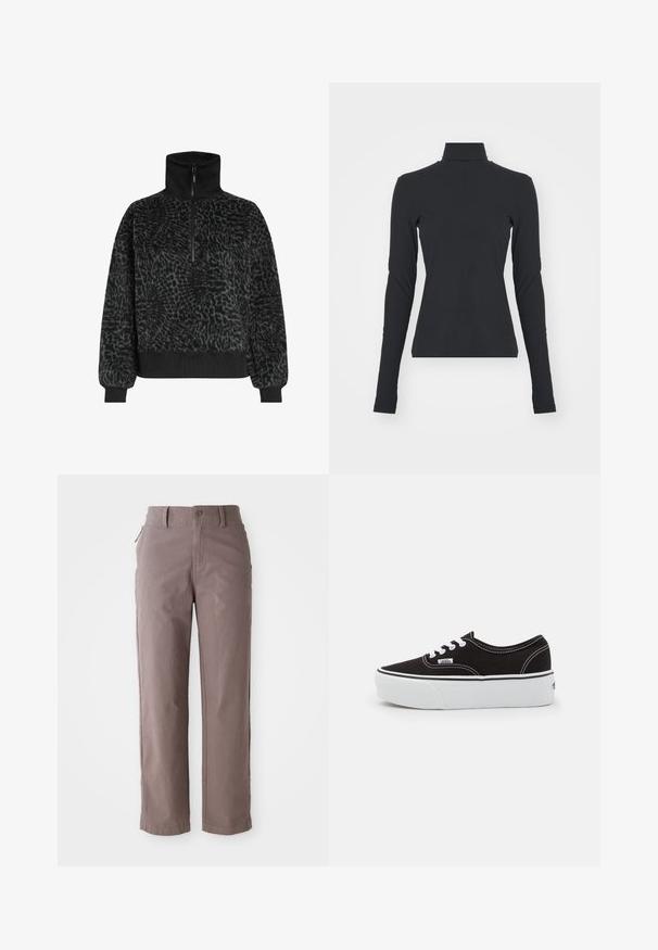 Zwarte textuur fleece pullover met een hoge kraag en een halve rits, voorzien van ribbelboorden en een zoom voor een snug fit.; Zwarte geribbelde coltrui met lange mouwen, nauwsluitende pasvorm, gladde textuur en subtiele rek, ontworpen voor comfort en laagjes.; Bruine katoenen twill broek met een rechte pijp, voorzien van een knoopsluiting aan de voorkant en zijzakken, met een gladde textuur en strakke lijnen.; Zwarte canvas sneaker met een witte rubberen platformzool, voorzien van witte veters en stiksels, iconische branding op de zijkant, low-top ontwerp.