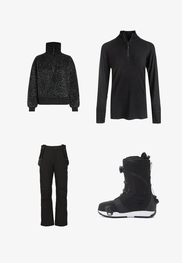 Pull en polaire noir texturé avec un col haut et une demi-fermeture éclair, doté de poignets et d'un ourlet côtelés pour un ajustement parfait.; Pull noir à manches longues avec un col zippé quart, présentant des coutures plates et une texture légère et lisse.; Pantalons de neige noirs avec bretelles ajustables, poches zippées, genoux renforcés, design à jambes droites et texture lisse et imperméable.; DC Shoes LOTUS STEP ON - Bottes de neige - black