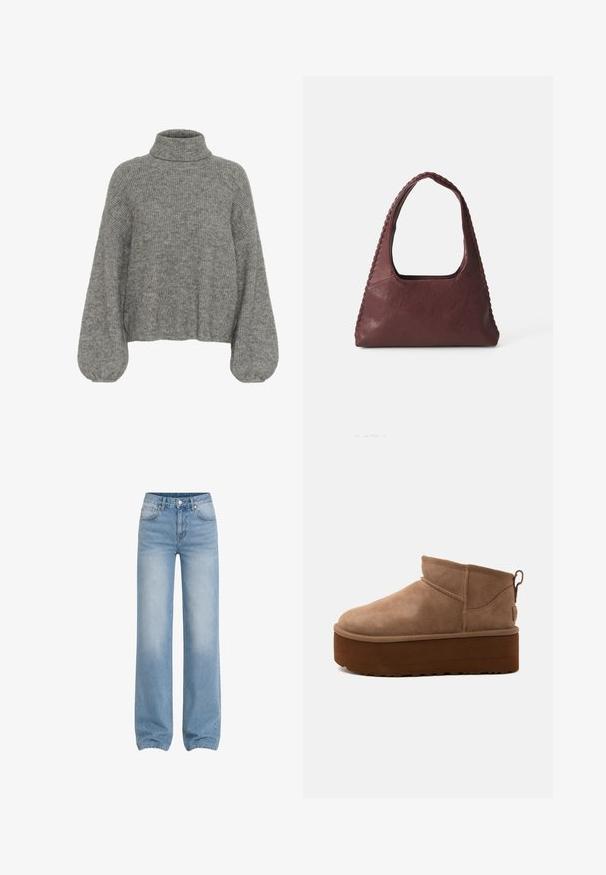 Grijze, geribbelde gebreide trui met een hoge hals, verlaagde schouders en volumineuze mouwen. Zachte textuur en cropped lengte.; Lichtblauwe jeans met hoge taille en rechte pijpen, met voorzakken, ceintuurlussen, knoopsluiting en vervaagde details op dijen en knieën.; Halve hoogte bruine suède instapschoen met dikke plateauzool en een trek-lus aan de achterkant tegen een lichte achtergrond.; Bordeaux leren handtas met een driehoekige vorm, open bovenkant en vlechtwerk langs de handgreep. Soepele textuur met een matte afwerking.