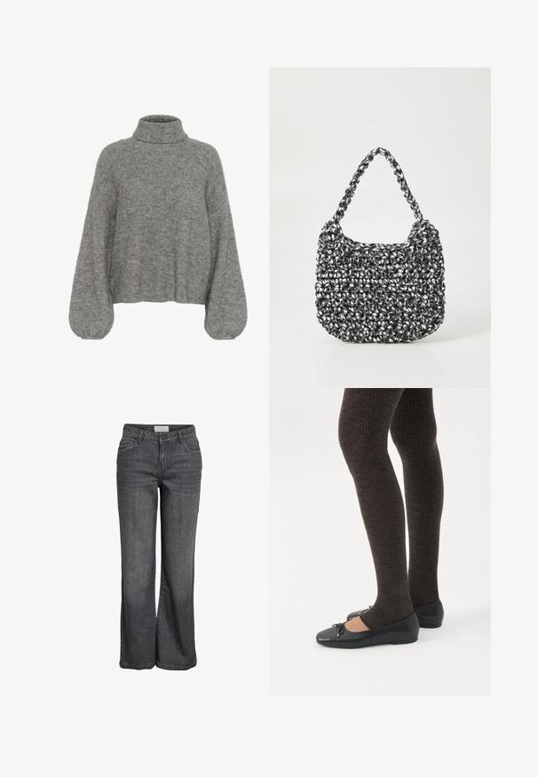 Grå, ribbet strikket sweater med høj hals, drop skuldre og voluminøse ærmer. Blød tekstur og cropped længde.; Bredde ben jeans i mørkegrå denim. Har høj talje, traditionelt fem-lomme design og en ren kanten uden udsmykning.; Ben iført mørke ribbede leggings kombineret med sorte balletsko med små sløjfedetaljer på hvid baggrund.; Vævet håndtaske i sort og hvid med en rund form, tekstureret overflade og et fletet håndtag. Velegnet til afslappet brug.