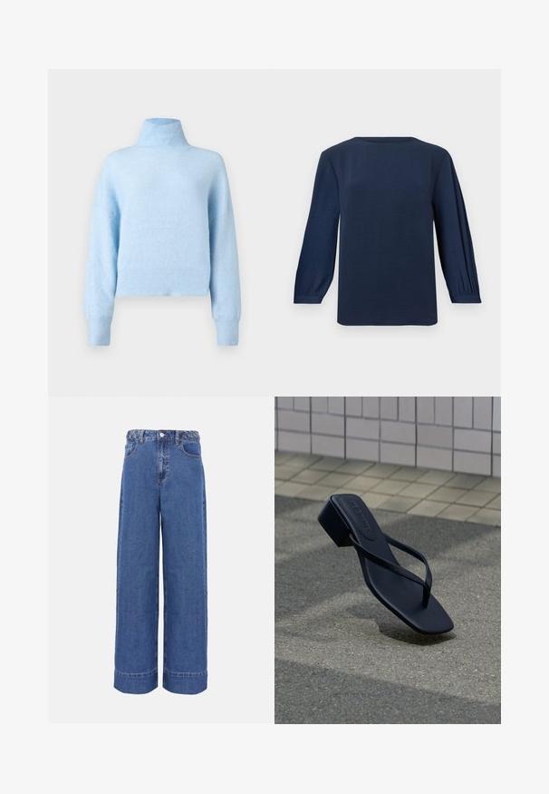 Pull à col roulé bleu clair en tissu doux et texturé. Présente une coupe décontractée, des poignets côtelés et un ourlet raccourci.; Blouse bleu marine à manches longues avec un col rond, des détails plissés sur les manches, des poignets ajustés et un tissu texturé.; Jean en denim bleu à jambes larges avec ceinture tressée, bouton frontal et poches, présenté sur un fond uni.; Sandale noire en cuir avec lanière en forme de tige et petit talon bloc sur sol asphalté près d’un mur carrelé.