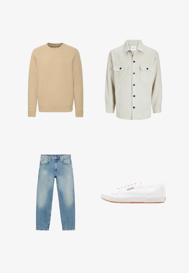 Sweat-shirt beige à manches longues et col rond avec un design de montagne subtilement embossé et le texte ""ENJOY"" sur la poitrine.; Chemise en flanelle beige avec un col, dotée de deux poches poitrine, de boutons noirs et de manches longues avec des poignets à bouton.; Jean droit en denim bleu avec poches avant et passants de ceinture, présentant des détails légèrement décolorés sur les cuisses et les genoux.; Baskets en toile blanches avec une semelle en caoutchouc, design à lacets et une petite étiquette logo sur le côté. Tige blanche texturée et semelle extérieure marron.
