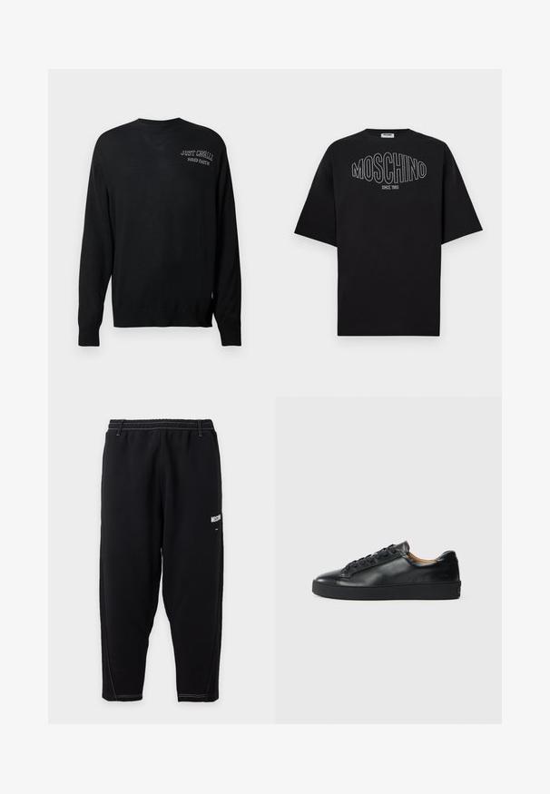 Suéter de punto negro con mangas largas, cuello redondo y puños acanalados. Presenta "JUST CAVALLI" y "FIRED EARTH" bordados en blanco.; Camiseta negra de algodón con un gran logo "MOSCHINO" delineado en blanco, con "SINCE 1983" debajo, mangas cortas y un corte holgado.; Pantalones de chándal negros ajustados con cintura elástica, costuras contrastantes blancas y pequeño logo blanco de "Moschino" en el muslo superior.; Zapatilla negra de cuero con una textura suave, puntera redonda y cierre de cordones. Presenta una suela de goma gruesa y un detalle de marca mínimo.