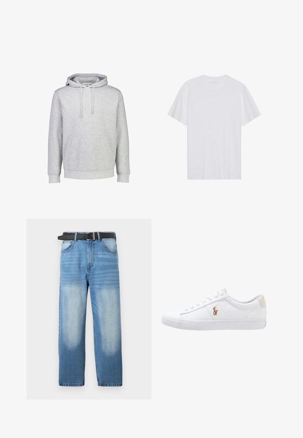 Lys grå hættetrøje lavet af en bomuldsblanding, med en frontlomme, justerbare snøretræk og ribkantede manchetter og nederkant.; Hvid bomulds T-shirt med korte ærmer, rund hals og en glat tekstur. Har minimal branding på halsudskæringen.; Lys blå denim jeans med lige ben, udstyret med et sort bælte, falmede pletter og subtil diagonalt mønster i den øverste sektion.; Hvide kanvas sneakers med lågtop design, prydet med en beige hælkappe og et lille broderet logo på siden. Gummisål.