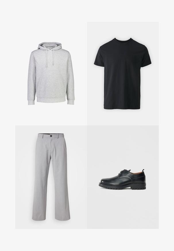 Lys grå hættetrøje lavet af en bomuldsblanding, med en frontlomme, justerbare snøretræk og ribkantede manchetter og nederkant.; Sort bomulds t-shirt med kortærmer, rund halsudskæring og en afslappet pasform. Glat tekstur og lige kant, ingen synlige grafikker eller mønstre.; Lys grå bredbenede bukser lavet af et tekstureret stof. Har en talje med bæltesløjfer, en lukning med knap foran og to sidelommer.; Sorte læder derby-sko med en glat overflade, rund tå, snøre-design og en tyk, robust gummisål.