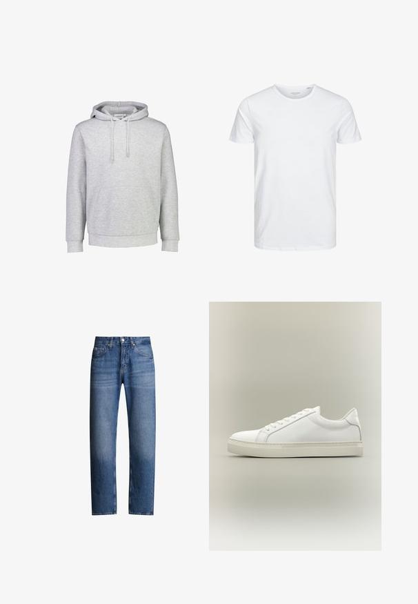 Lys grå hættetrøje lavet af en bomuldsblanding, med en frontlomme, justerbare snøretræk og ribkantede manchetter og nederkant.; Rundhals kortærmet t-shirt i ensfarvet hvid, lavet af blød bomuld, har et simpelt design uden synlige mønstre eller detaljer.; Blå denimjeans med lige pasform, fem lommer og lynlås. Har en let falmet effekt og syninger langs sømmene.; Hvid lavtop sneaker med snørebånd foran og tyk sål, vist fra siden mod en neutral baggrund.