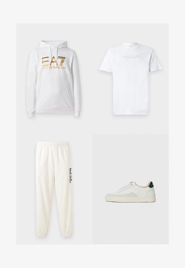 Biely mikina s predným vreckom, s kovovým zlatým logom "EA7 EMPORIO ARMANI". Mäkko tkaniny a rebrované manžety.; Biela bavlnená tričko s okrúhlym výstrihom, krátkymi rukávmi a embosovaným logom "ARMANI EXCHANGE MILANO/NEW YORK" na prednej strane.; Svetlo béžové tepláky s elastickým pásom a elastickými manžetami. Na ľavej nohe sa nachádza čierny potlačený logo. Mäkká textúra látky.; Biele tenisky s semišovými akcentmi, zaoblenou špičkou, plochými šnúrkami a krémovou gumovou podrážkou. Na päte sú zelené značky.