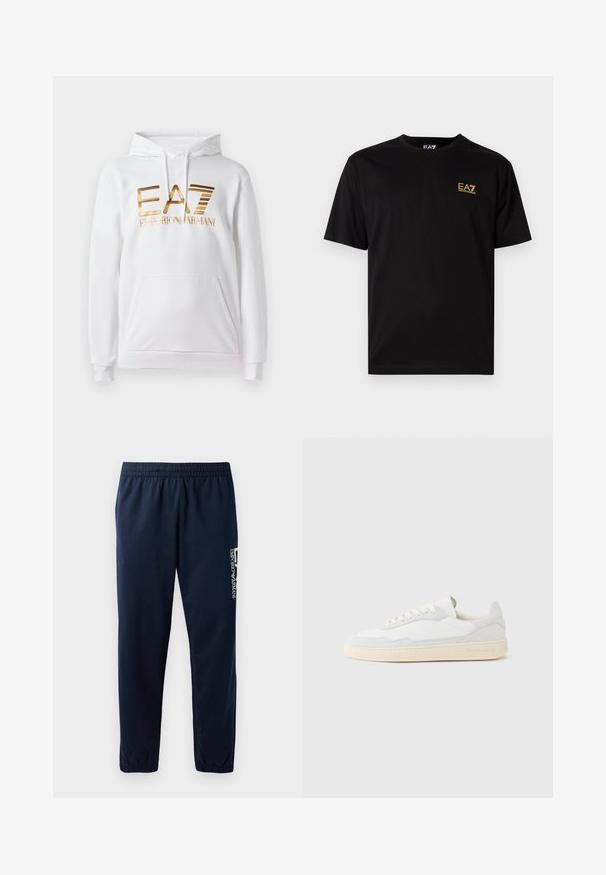 Witte hoodie met een voorzak, voorzien van een gouden metallic logo met de tekst "EA7 EMPORIO ARMANI." Zachte stof en geribbelde manchetten.; Zwarte katoenen t-shirt met korte mouwen, met een klein geel geborduurd logo op de linker borst. Klassiek crewneck ontwerp.; Marineblauwe trainingsbroek met een elastische tailleband, taps toelopende pijpen en een wit logo aan de zijkant. Gladde stof met een lichte textuur.; Witte sneaker met een bovenwerk van gestructureerd suède en leer. Voorzien van een afgeronde neus, vetersluiting en een contrasterende beige rubberen zool.