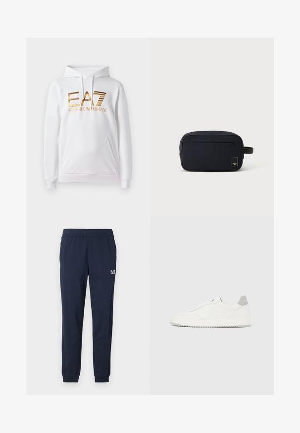 Valge kapuutsiga dressipluus ees oleva taskuga, millel on kuldne metalline logo "EA7 EMPORIO ARMANI." Pehme kangas ja soonikkoesid.; Tumesinised dressipüksid elastse vöökoha ja mansettidega. Vasakul jalal väike valge logo. Valmistatud pehmest ja elastsest materjalist.; Valge madala lõikega tennisking halli kandklambri, valgete paelte ja tekstuuriga tallaga, esitletud ühtlasel heledal taustal.; Must ristkülikukujuline tualett-tarvikute kott ees lukuga tasku ja väikese logo plaastriga, külgse käepidemega.