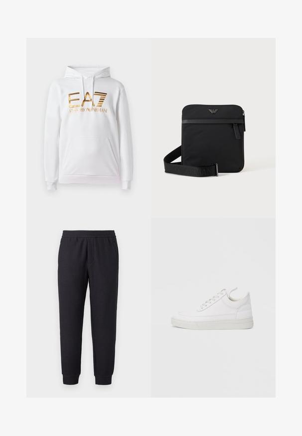 Sudadera blanca con bolsillo frontal, que presenta un logo metálico dorado que dice "EA7 EMPORIO ARMANI". Tela suave y puños acanalados.; Pantalones deportivos negros con corte cónico, cinturilla y puños elásticos, con un sutil patrón texturizado y bolsillos laterales.; Zapatilla blanca de cuero con punta redondeada, suela plana y cierre de cordones. Presenta detalles de costuras y un cuello acolchado para mayor comodidad.; Bolso de hombro negro cuadrado con cierre de cremallera, bolsillo delantero y correa ajustable con nombre de marca en relieve.